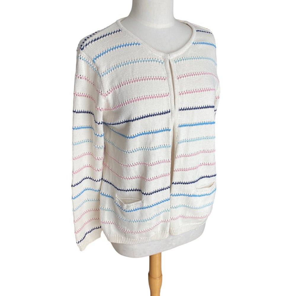 WoolOvers Organic Cotton Wavy Stripe Cardigan Cottage Beach Coastal Grandma-M